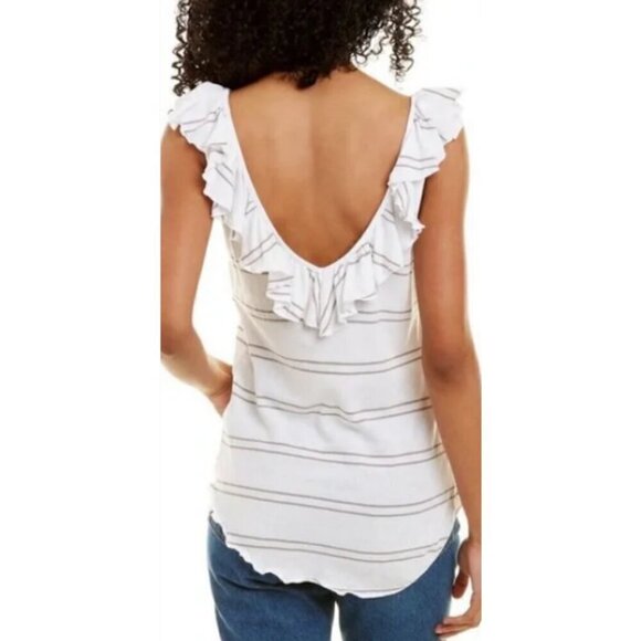 CHASER Double V-Neck Ruffle Tank Top Striped Raw Lettuce Hem White/Grey Sz M NWT - Picture 3 of 6